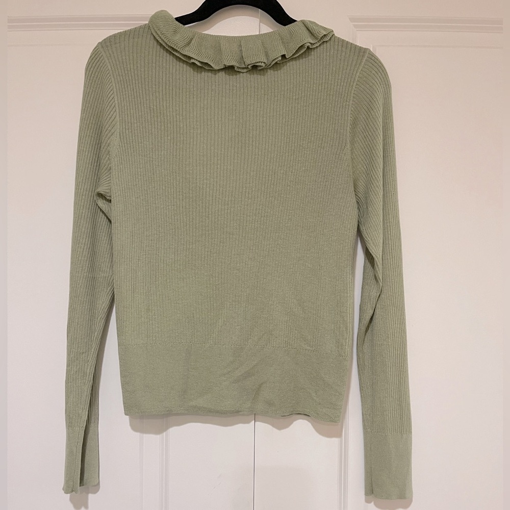 J. Crew Sage Green Ruffle-Trim Ribbed Cardigan - Picture 2 of 5